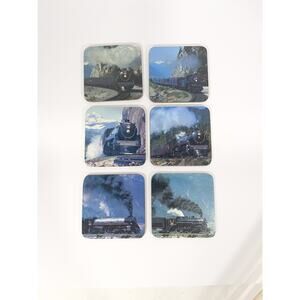 Set Of 6 Trains British Columbia Train Drink Coasters Cork Back Blue Sky Coaster